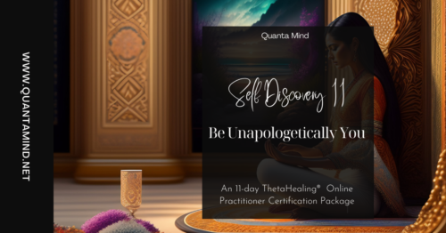detailed painting of woman meditating on the beachgenerative art, Baroque, intricate patterns with text overlay that says Quanta Mind Self Discovery II Be unapologetically you, An 11-day ThetaHealing Practitioner Certification Package