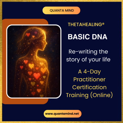 An AI generated image of a woman glowing with beautiful hearts full of love nad Creator's blessings showing how ThetaHealing Basic DNA training bring changes in life. The background color is dark blue with a touch of gold n the borders, text written says Quanta Mind ThetaHealing Basic DNA Re-writing the story of your life, a 4-day practitioner certification training online