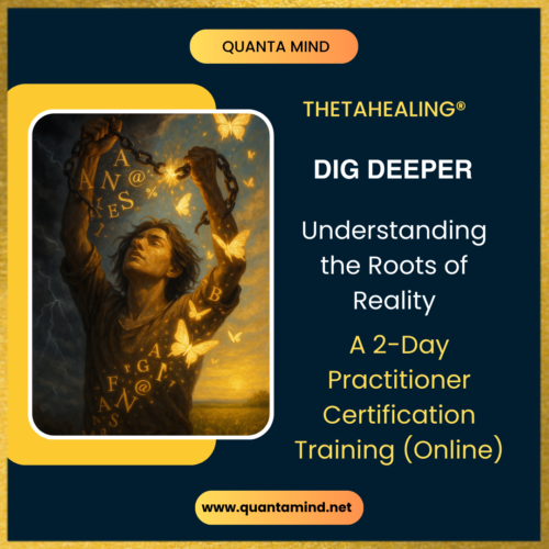An AI generated image of a man breaking the chains of limiting beliefs and turning them into a new reality depicted by golden butterflies all around him. This image goes with the text that says Quanta Mind ThetaHealing Dig Deeper 2 day practitioner certification training online where you understand the roots of reality