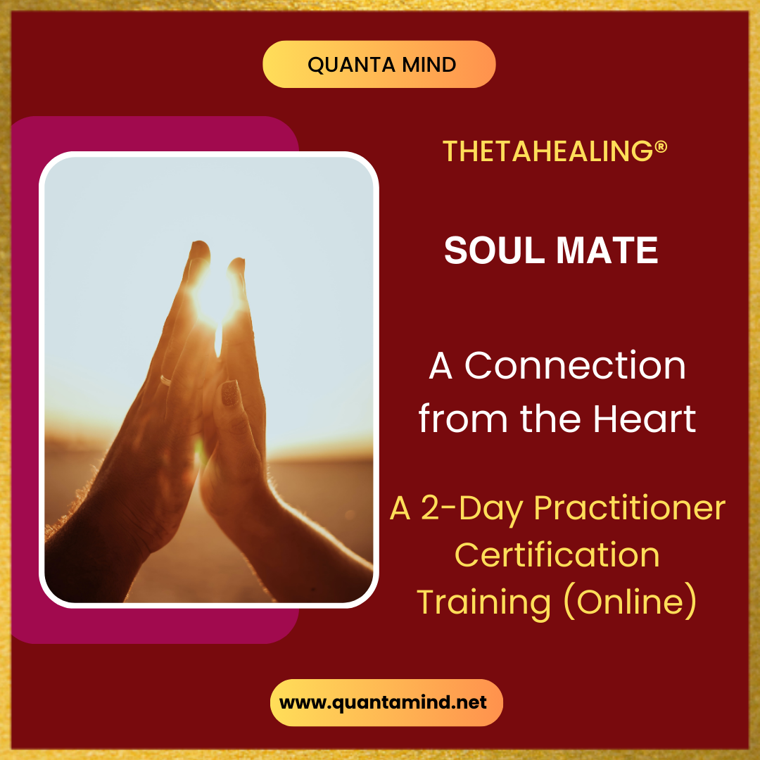An image for the ThetaHealing Soul Mate seminar with hands of a man and woman showing heart connection. The background color is maroon with golden borders
