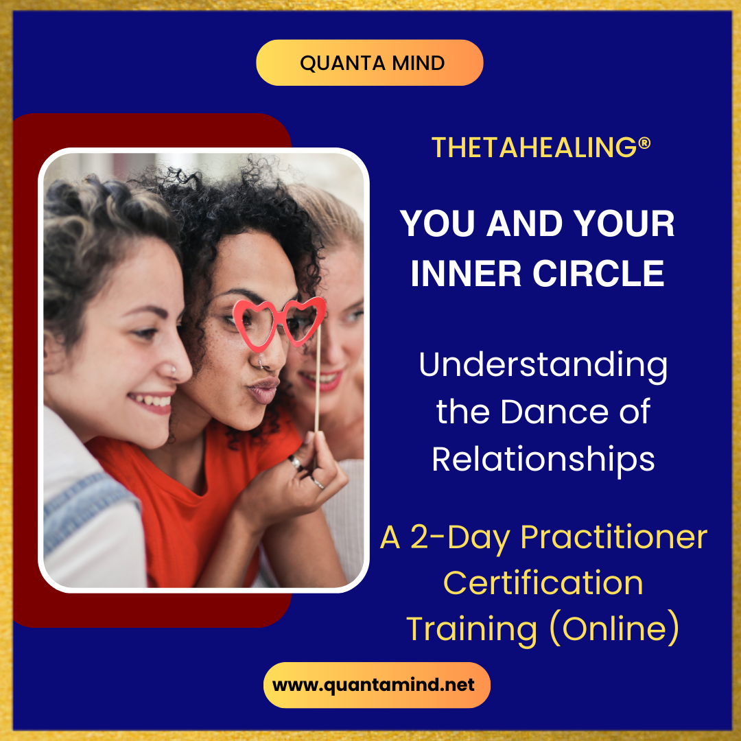 Three women friends having fun while hanging out reflecting the theme of the poster which is ThetaHealing You and Your Inner Circle, Understanding the dance of relationships-a 2-day practitioner certification training Online. The background color of the poster is blue with maroon frame at the back of image of women and golden border