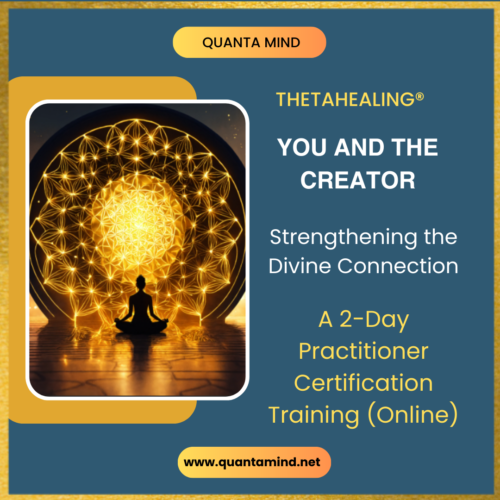 An image of a woman sitting in a brightly lit place of worship feeling divine connection showing the ThetaHealing you and the creator training experience with taupe color background and text written as ThetaHealing you and the creator strengthening the divine connection in a 2 day practitioner certification training online