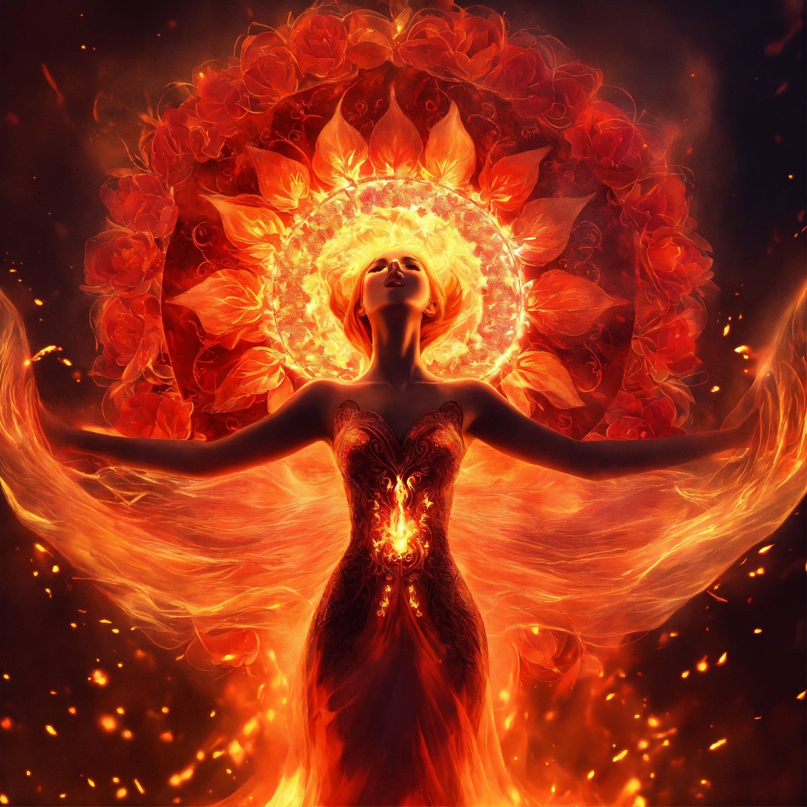 Fantasy, mesmerizing design, ascending spirit woman, spirit being's arms spread out, red body, transparent radiant light on her body, fire flame at the end of each arm, beautiful fire flowers around the perimeter