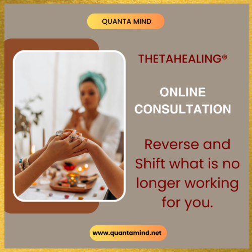 An image of hands of two women healing showing Quanta Mind ThetaHealing online consultation shop image with text that says reverse and shift what is no longer working for you. The border is golden color and background is light beige
