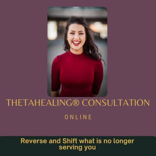 Poster about ThetaHealing® Online Consultation in which there is a plain background of maroon purple color, with a photo of a woman smiling wearing red lipstick and red top with long hair. With text reverse and shift what is no longer serving you.