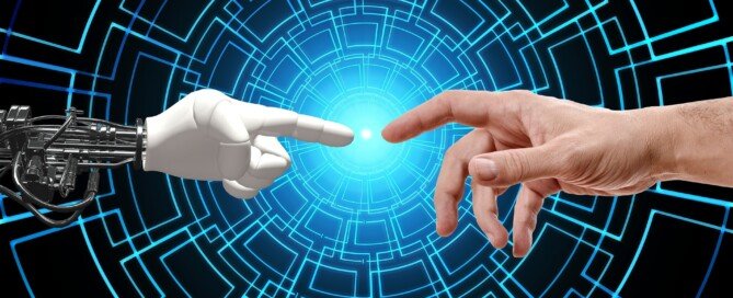 An image of a robot and a human finger touching each other creating light blue and green waves of technology