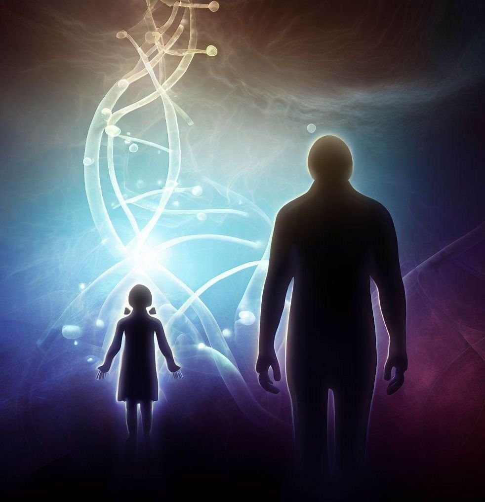 An image of DNA energy connecting a child and their ancestor