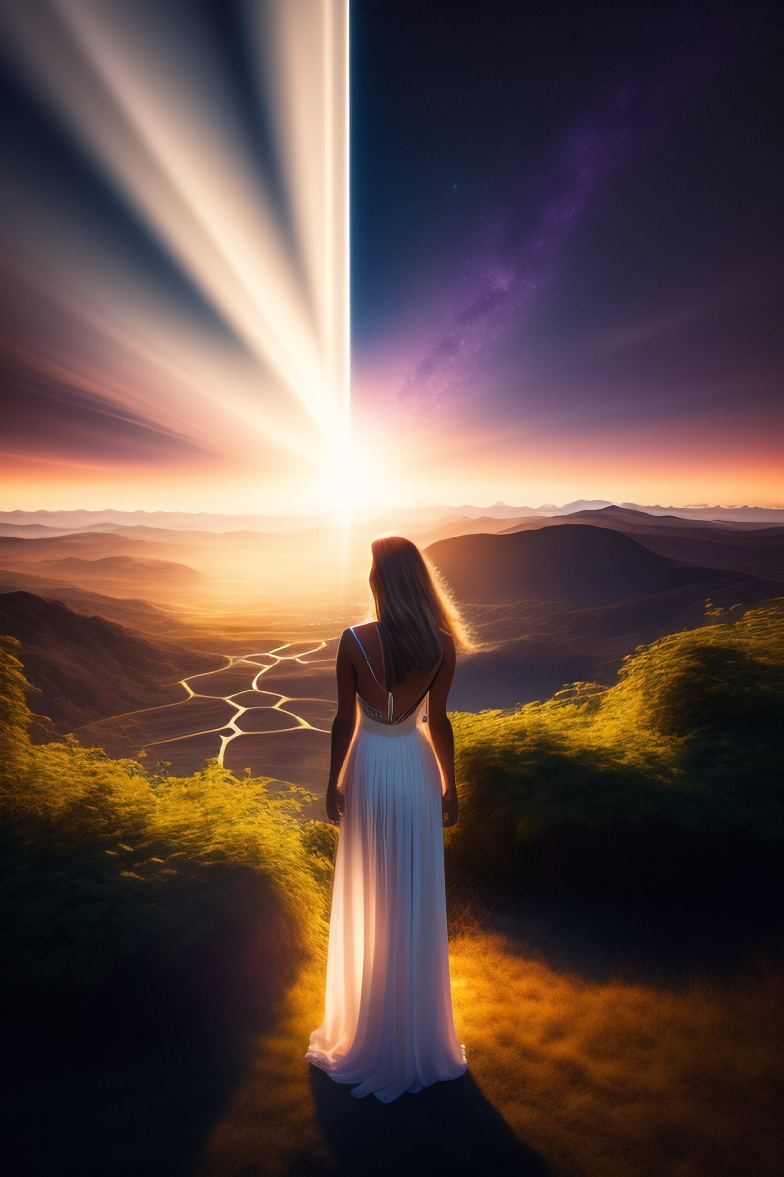 A goddess in long white dress stands on the edge of the house, and looks into the space sky through which a ray of light breaks through