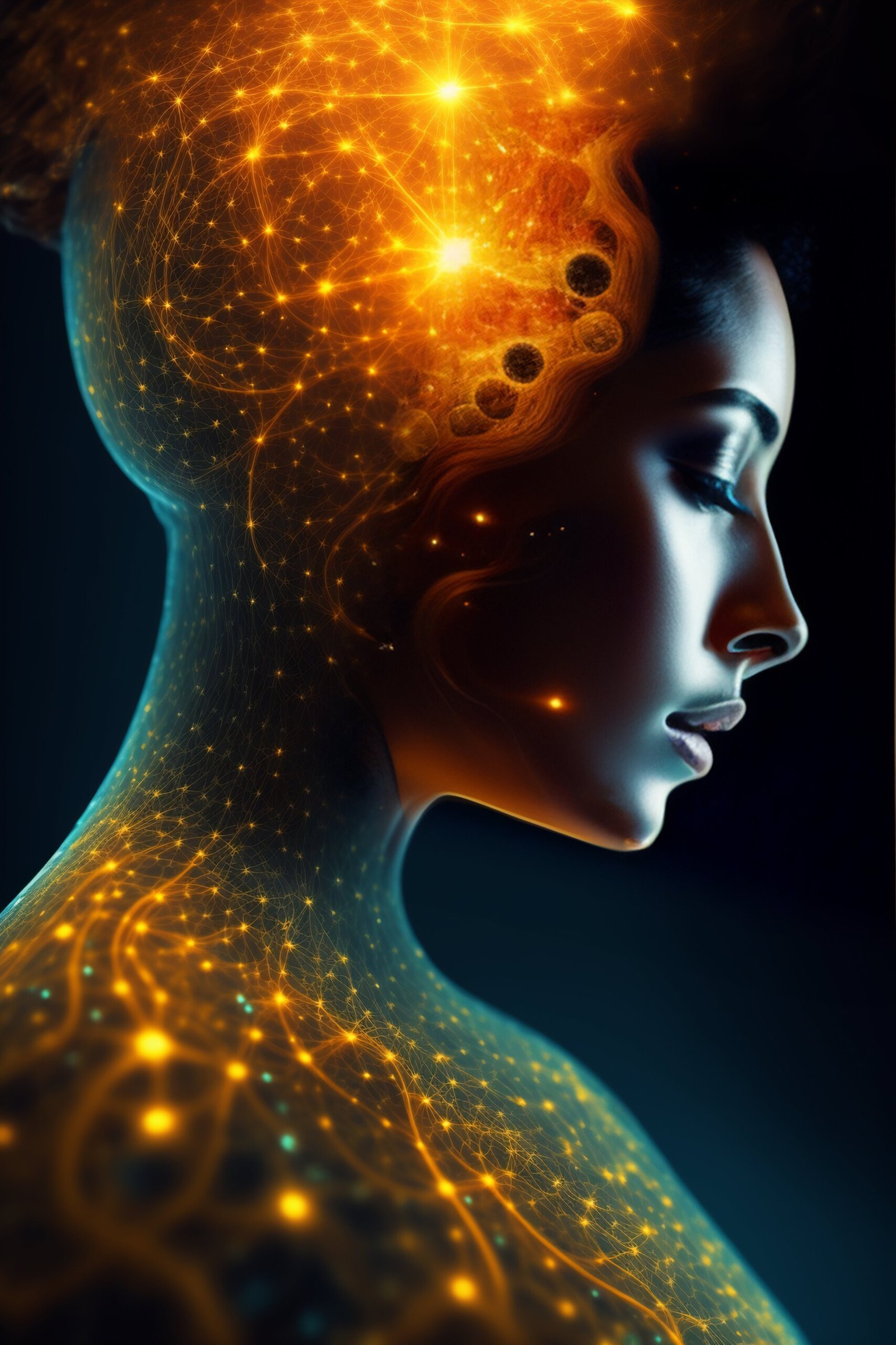 Artificial Neural Network. Energy of positive thoughts going from the mind of a woman and illuminating her entire body with golden light