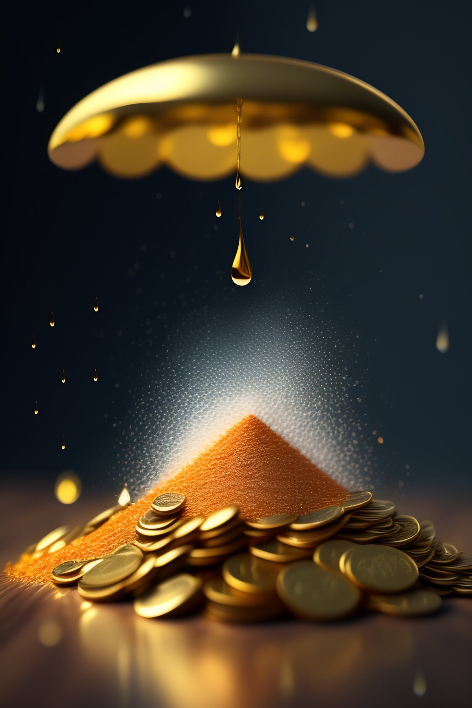 golden coins raining from the universe making a pile of coins look like golden sand of abundance