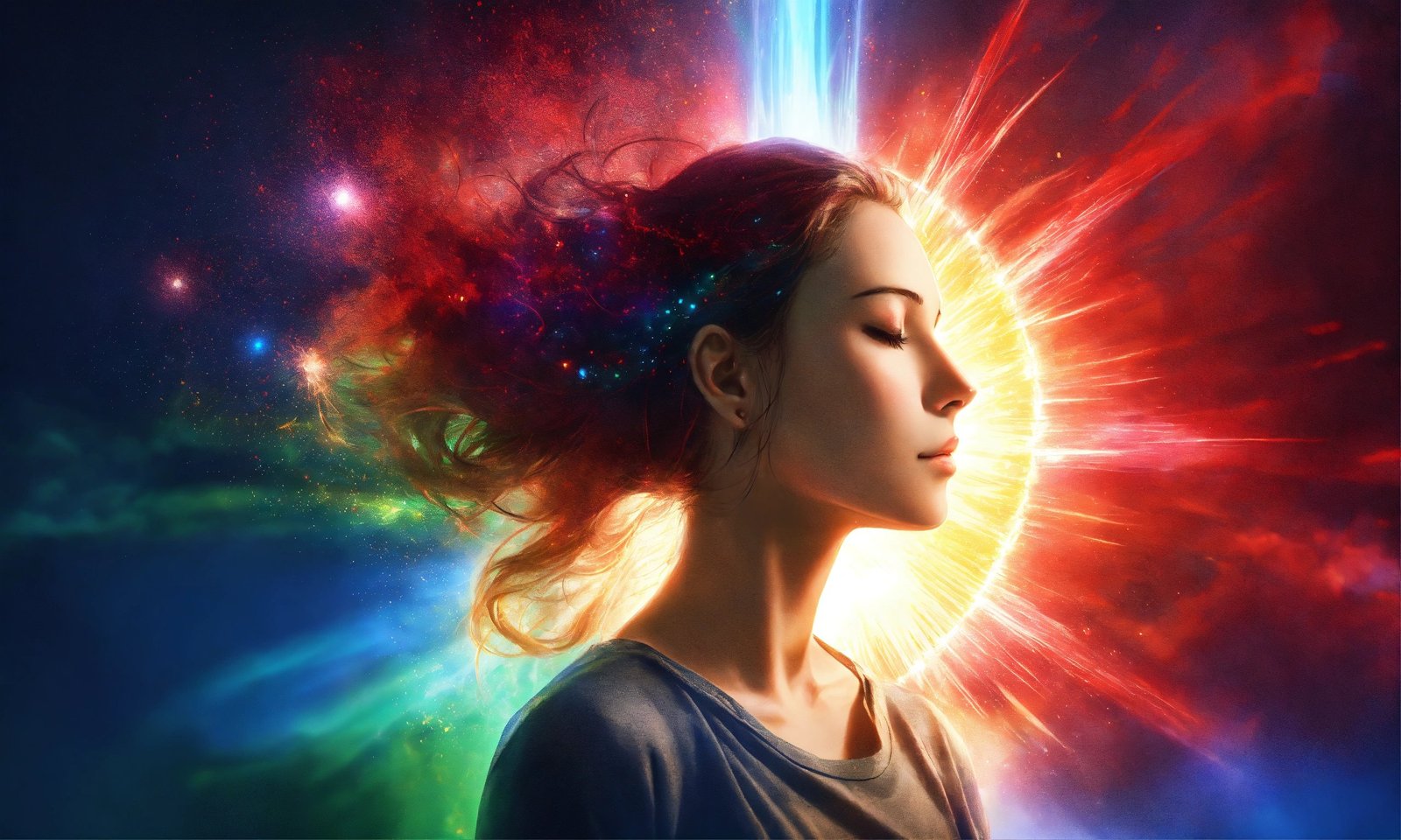 A profile image of an extremely beautiful girl in deep meditation with magical light coming out of her brain as in explosion. Light is filling her whole head including her forehead. Let the light be a mesmerizing combo of blue and red and green. 