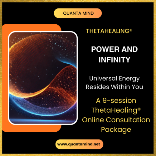 A graphic for Theta Healing session package with 9 sessions at a great price, called ThetaHealing Power and Infinity Package with image showing the light particles with the symbol of infinity with text that says universal energy resides within your soul