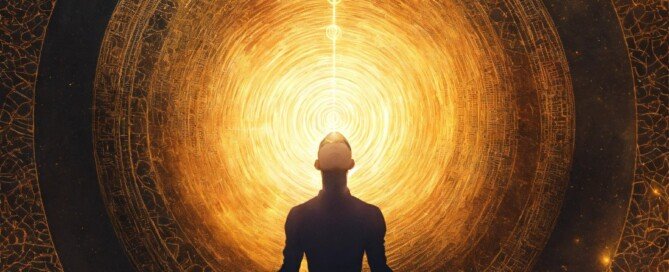 illustration of a being of light in a meditation position. Above his head there is a vortex surrounded by 4 golden rings. A thread of light comes out of this vortex and enters through the top of the head. Decorative image for blog titled Healing is not a quest for perfection by Quanta Mind Thetahealing instructor Sana Naseem