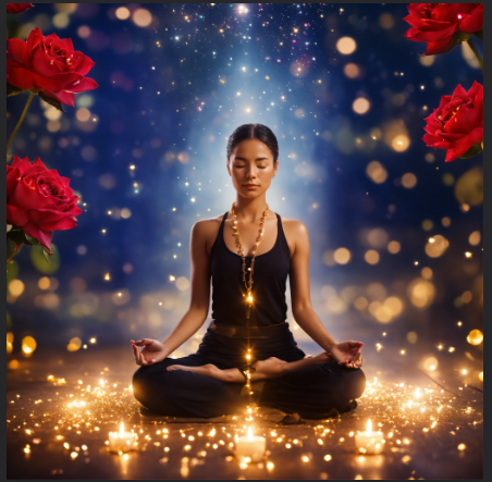 a beautiful person seated in lotus position with the eyes closed in meditation, lots of light sparkles and roses in the background changing beliefs