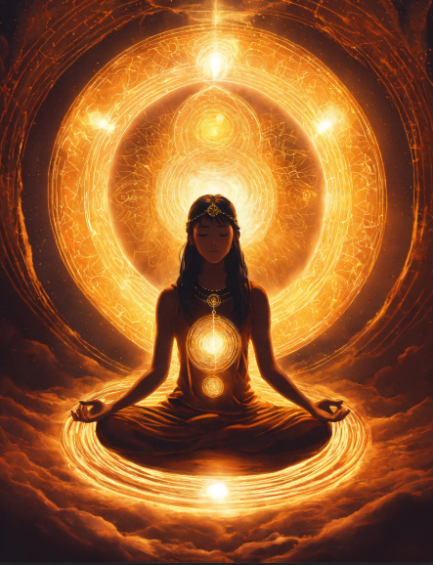 Heart of a person glowing radiating energy from heart and brain in meditation