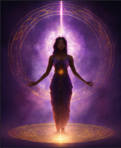 drawing of a female illuminated silhouette in a meditation position. Above her head is a vortex surrounded by 4 golden rings. A thread of violet light comes out of this vortex and enters through the top of the head. spiritual art.