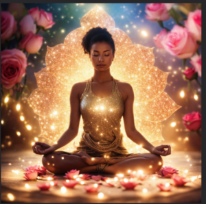 A woman sparkling with peace and energetic shifts in meditation