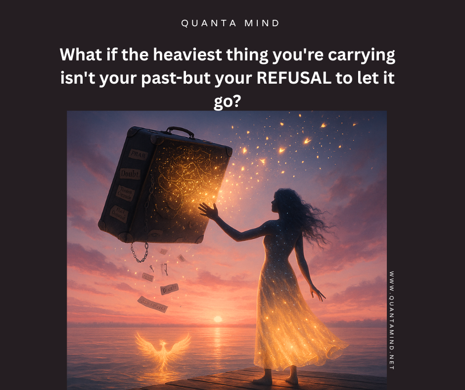 ThetaHealing Practitioner Seminars A woman holding a suitcase heavy with past wounds, letting go of the energies to move forward. the woman is wearing a cosmic dress and charm showing the effect of thetahealing work