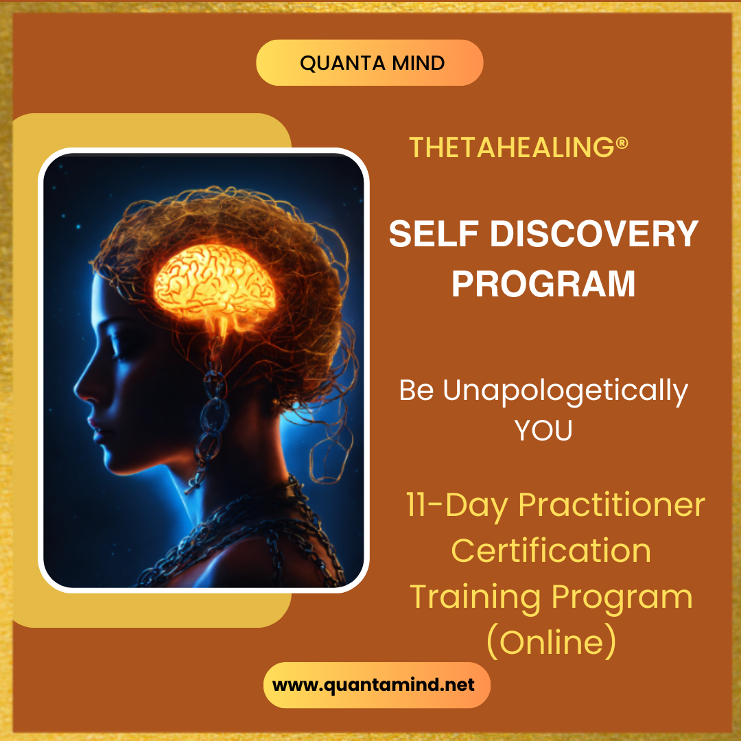 A rust color background with an AI generated image of a woman with eyes closed and a part of her brain is lit up with golden lights. She is surrounded with blue light showing her spiritual inclination and the text says Quanta Mind ThetaHealing self discovery Program, be unapologetically you. 11-day practitioner certification training program online