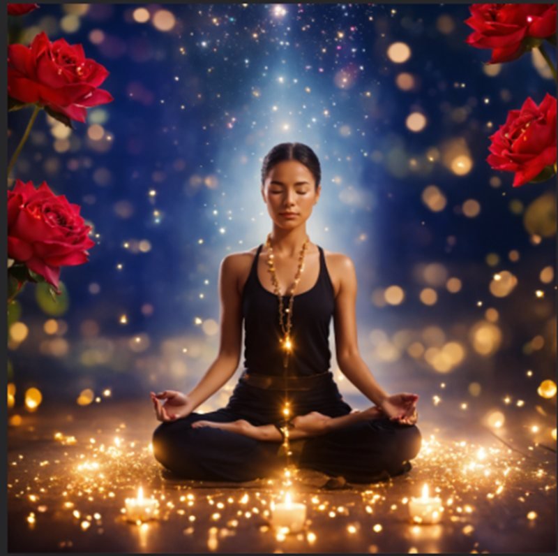 A woman meditating flowers blooming around her and golden sparkle creating an energy in her life showing thetahealing self discovery program essence