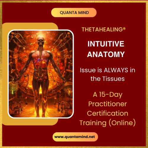An image of a skeleton with red background depicting the content of thetahealing intuitive anatomy 15 day practitioner training by Quanta Mind