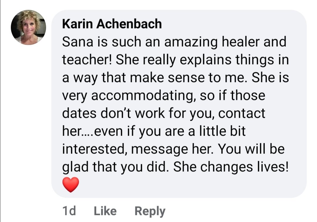 ThetaHealing testimonial for teacher Sana Naseem on facebook by a ThetaHealing Advanced, Dig Deeper student USA 2024