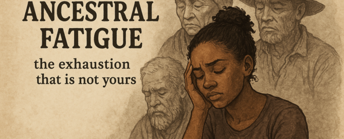 An image with beige background showing a woman who is tired and a man in the background who is also showing fatigue and another man wearing a heat and a woman wearing headscarf all different people and they are super tired. The text says ancestral fatigue the exhaustion that is not yours