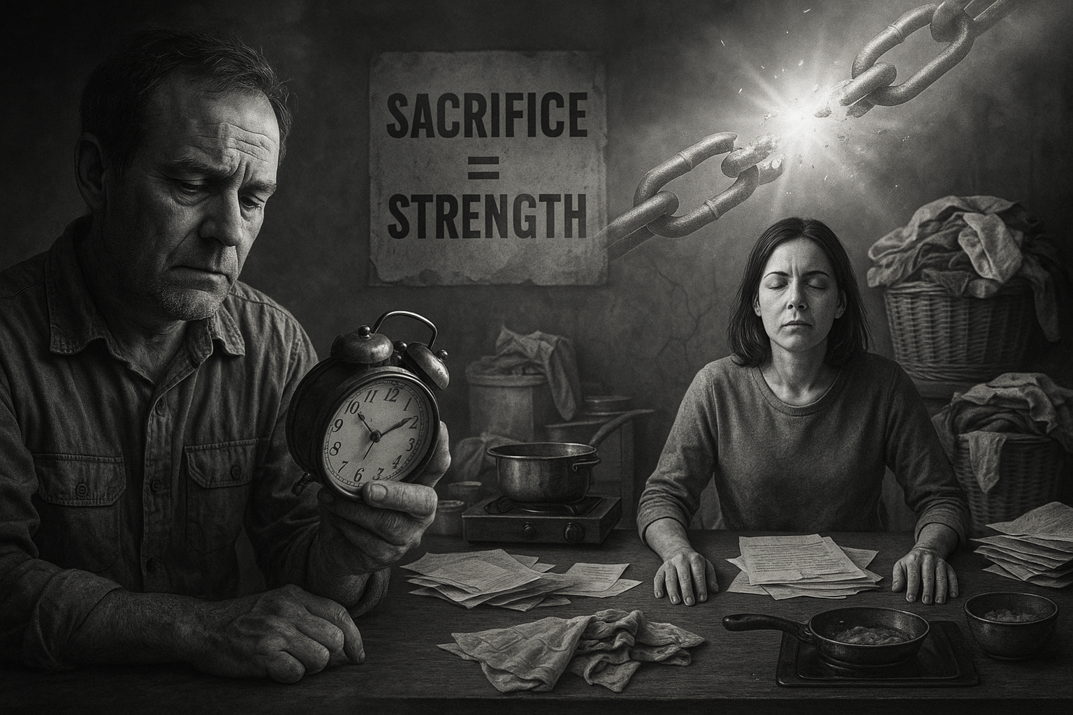 sacrifice is strength A man and a woman sitting working hard reliving their ancestor's survival pattern of sacrifice is equals to strength. A chain is also in the poster showing that there is light towards the end if we can break the chain
