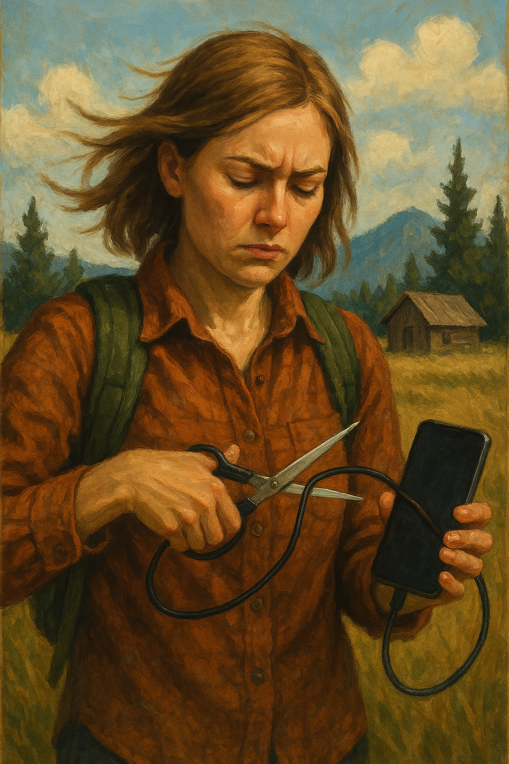 technology free life A woman with a backpack, on a country side cutting the cord of her cell phone charger with a big scissor, her facial expressions are that of a person who is annoyed with technology