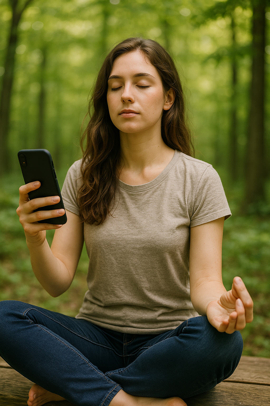 woman meditating with cell phone in hand A woman sitting in the middle of a jungle, meditating with eyes closed and holding her cell phone with one hand