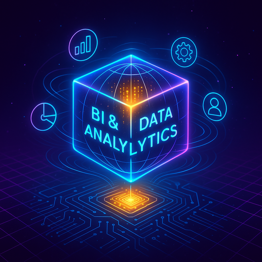 neon color cube with orange connecting wires showing text BI and Data Analytics