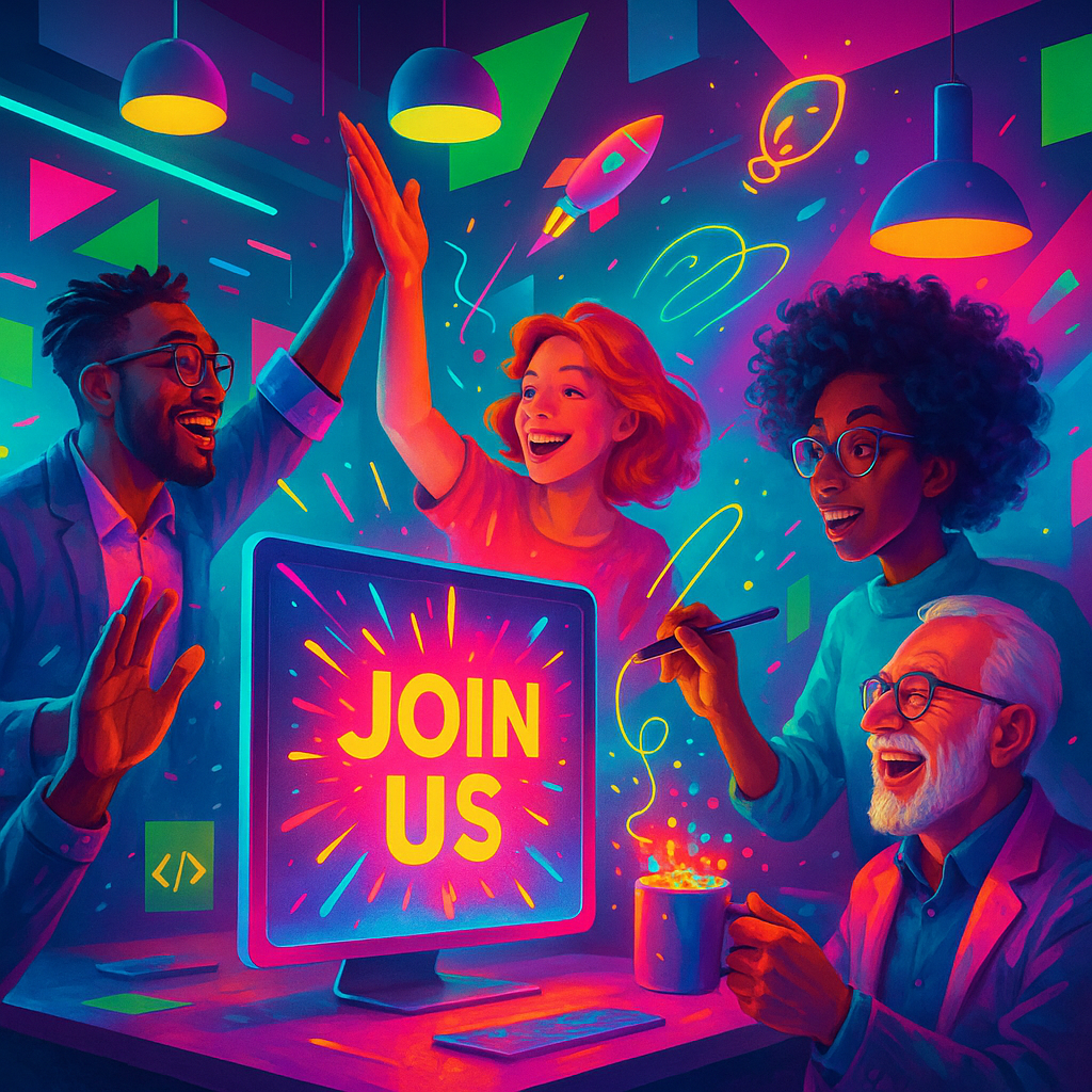 Join Quanta Mind A vibrant colorful image of two women and two men working together in a corporate environment. There is a monitor on in the photo that says join us.