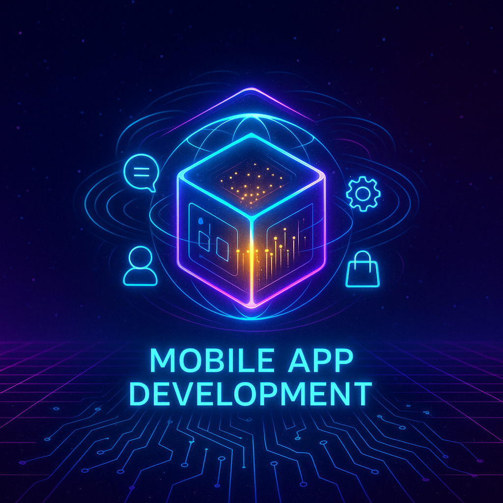 Neon cube showing connectivity in orange color wires with text mobile app development to be used for Quanta Mind IT service section