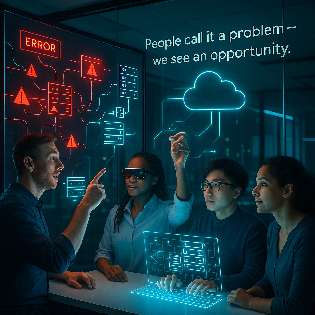 Oppourtunity knocks Quanta Mind A group pf IT professionals solving a problem by looking at it like an opportunity. It goes with Quanta Mind's moto of looking at issues like an opportunity. two women and two men in the photo working with a transparent screen, the colors are cyan green and tone of blue.