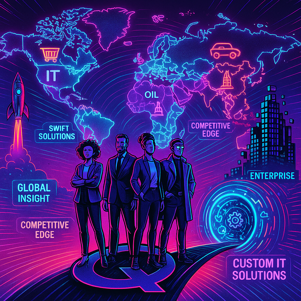 A high-energy, neon-glowing world map (USA, Canada, Australia, and the Gulf region highlighted in electric blue, purple, and pink) with floating 3D icons representing your industries (FMCG, IT, Automotive, Oil & Gas, etc.). In the foreground, a diverse team of futuristic professionals (different ethnicities, styles) stands confidently on a giant "Q" (Quanta Mind logo) that transforms into a bridge leading to a custom IT solution portal (a shimmering vortex of code, gears, and cloud networks).