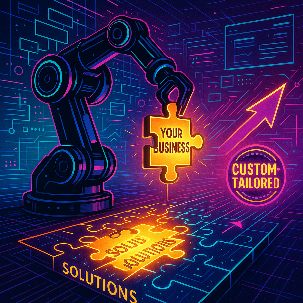 A sleek, high-tech factory floor where a futuristic robotic arm (with neon-blue and purple highlights) assembles a glowing, golden puzzle piece labeled 'YOUR BUSINESS' into a dynamic, ever-shifting digital grid of interconnected solutions. Image by Quanta Mind