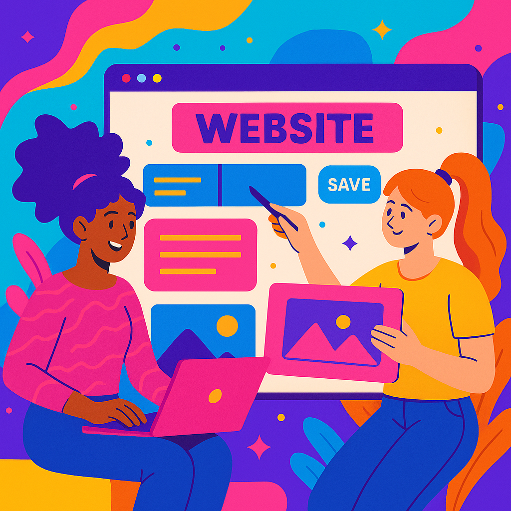 working at Quanta Mind two women working at a website design they are happy building their career at Quanta Mind.. one is wearing pink top with blue jeans and other woman is wearing yellow top with blue jeans.