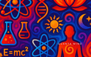 An image of multiple scientific symbols like helix, protons, flasks, e=mc2 with a lotus symbol and person meditation showing the topic of Is ThetaHealing pseudoscience a scientific look