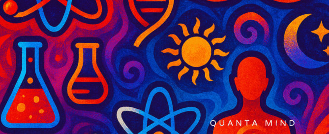 An image of multiple scientific symbols like helix, protons, flasks, e=mc2 with a lotus symbol and person meditation showing the topic of Is ThetaHealing pseudoscience a scientific look