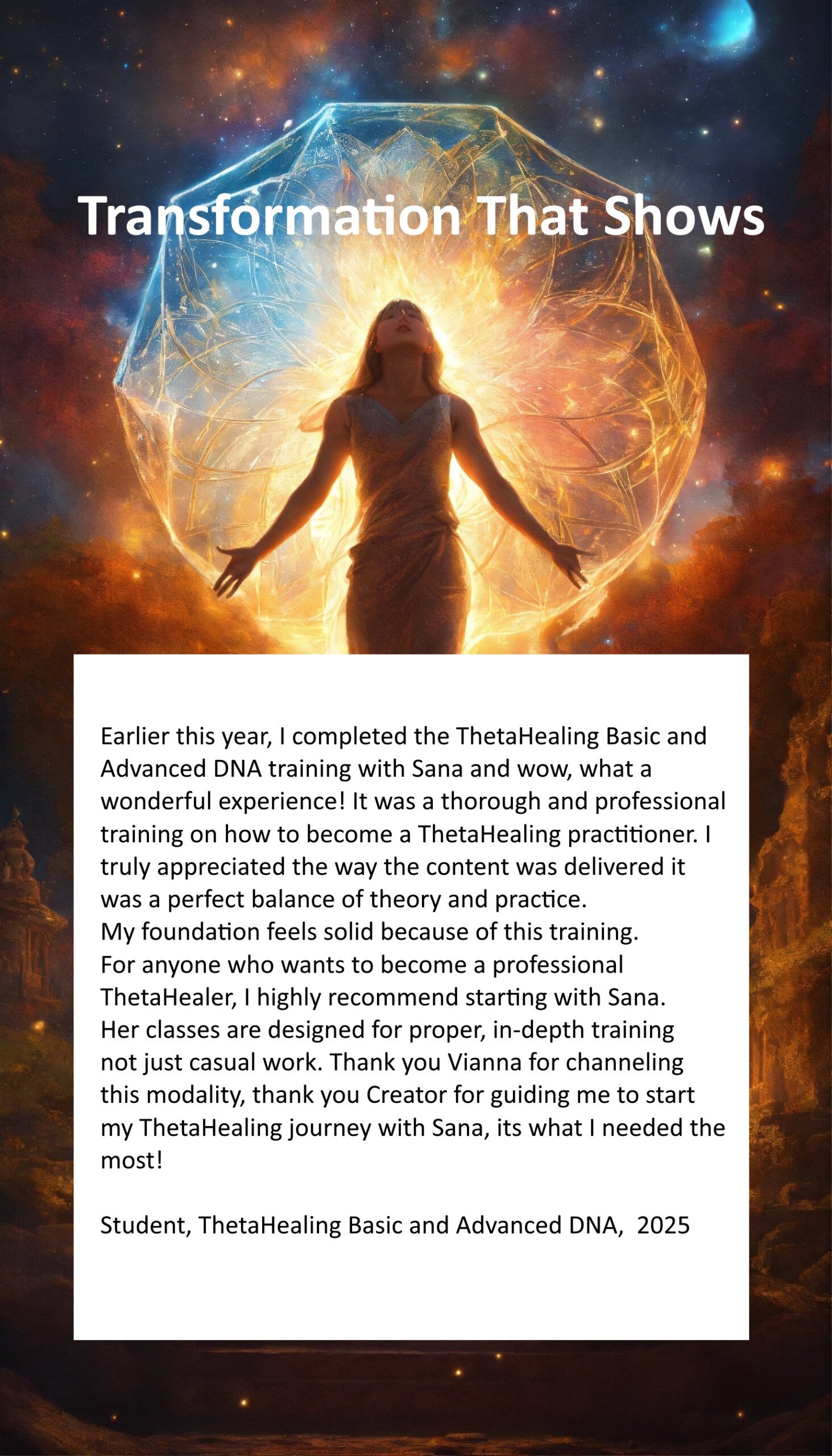 Spirituality Basic DNA ThetaHealing transformation A woman ascending to the higher levels of spirituality with beige and brown smoke like clouds all around her. with testimonial for ThetaHealing Instructor Sana Naseem and her trainings