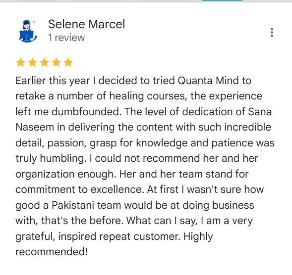 Positive feedback from a ThetaHealing practitioner training graduate from Australia for Instructor Sana Naseem