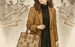 A stylish woman wearing a long brown coat carrying a branded luxury bag is being judged by people around her. She is wearing black pant and top and her hair are shoulder length.