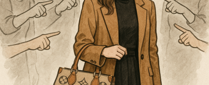 A stylish woman wearing a long brown coat carrying a branded luxury bag is being judged by people around her. She is wearing black pant and top and her hair are shoulder length.