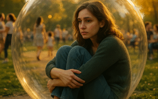 A woman sits curled up inside a large, transparent bubble, their face showing a mix of safety and longing. Outside the bubble is a vibrant, bustling city park filled with laughing people, connection, and golden hour sunlight. The bubble is a safe prison. Photorealistic, melancholic yet hopeful mood. It represents the blog about Comfort Zone and benefits of moving out of it