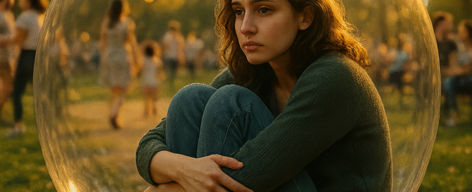 A woman sits curled up inside a large, transparent bubble, their face showing a mix of safety and longing. Outside the bubble is a vibrant, bustling city park filled with laughing people, connection, and golden hour sunlight. The bubble is a safe prison. Photorealistic, melancholic yet hopeful mood. It represents the blog about Comfort Zone and benefits of moving out of it