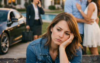 A woman sits alone on a wooden bench, resting her head on her hand with a sad, distant expression. In the background, there is her imagined timeline where she is thinking her life as a couple embraces near a large house and in the same timeline she is a successful business woman standing nearby talking on a phone beside a parked luxury car, and the image also have this huge mansion her dream house, creating a contrast between her isolation and the activity behind her.