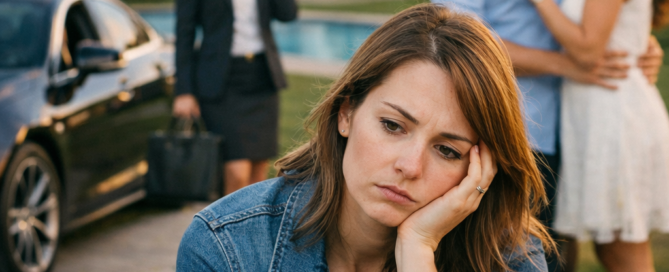 A woman sits alone on a wooden bench, resting her head on her hand with a sad, distant expression. In the background, there is her imagined timeline where she is thinking her life as a couple embraces near a large house and in the same timeline she is a successful business woman standing nearby talking on a phone beside a parked luxury car, and the image also have this huge mansion her dream house, creating a contrast between her isolation and the activity behind her.