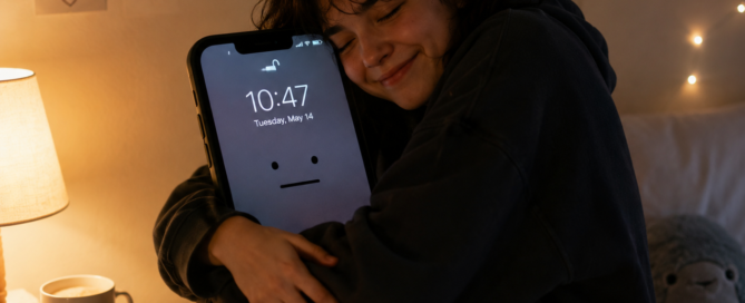 A woman smiling and hugging her cell phone showing the title of the blog that says hugging the phone which cannot hug you back, there is a lamp in the image with the woman wearing black hoodie. An image on the wall says feel your feelings.