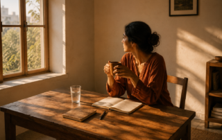 A woman sitting alone at a wooden desk near a window, early morning light coming in at a low angle, casting long warm shadows across the surface. She is not looking at the camera. She is looking out, or down at something in her hands — a journal, a cup of tea, nothing in particular. The mood is not sad and not triumphant. It is the feeling of being in the middle of something and choosing to stay. Warm tones — cream, amber, soft terracotta. The desk has a few objects on it that feel lived-in rather than styled: a pen, a notebook with a worn cover, a half-full glass of water. There are no flowers, no crystals, no fairy lights. Nothing that signals 'wellness aesthetic.' Just a person, a window, and the particular quality of light that belongs to early mornings when the world hasn't asked anything of you yet. Shot as if from a respectful distance — not close enough to feel intrusive, wide enough to show the space around her. The emptiness in the frame is intentional. She is not small in it. She is just in it, which is the whole point.