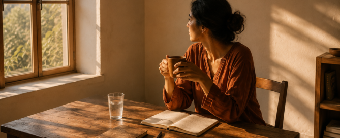 A woman sitting alone at a wooden desk near a window, early morning light coming in at a low angle, casting long warm shadows across the surface. She is not looking at the camera. She is looking out, or down at something in her hands — a journal, a cup of tea, nothing in particular. The mood is not sad and not triumphant. It is the feeling of being in the middle of something and choosing to stay. Warm tones — cream, amber, soft terracotta. The desk has a few objects on it that feel lived-in rather than styled: a pen, a notebook with a worn cover, a half-full glass of water. There are no flowers, no crystals, no fairy lights. Nothing that signals 'wellness aesthetic.' Just a person, a window, and the particular quality of light that belongs to early mornings when the world hasn't asked anything of you yet. Shot as if from a respectful distance — not close enough to feel intrusive, wide enough to show the space around her. The emptiness in the frame is intentional. She is not small in it. She is just in it, which is the whole point.